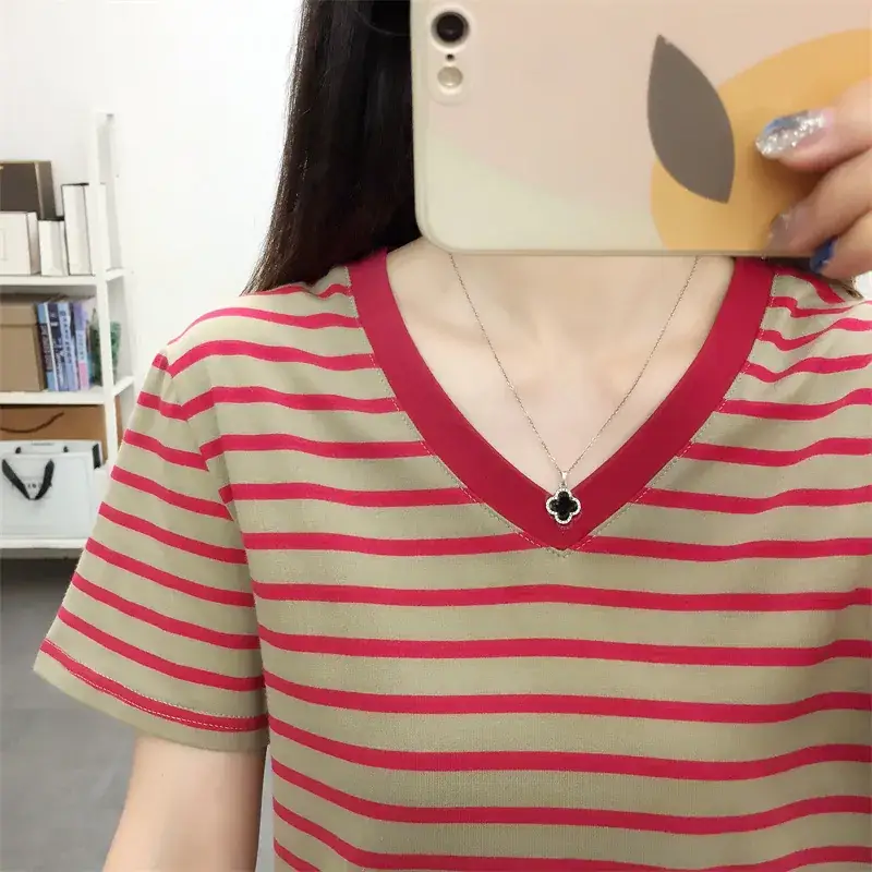 Pure Cotton V-Neck Striped T-Shirt Women Summer 2023 - Image 19