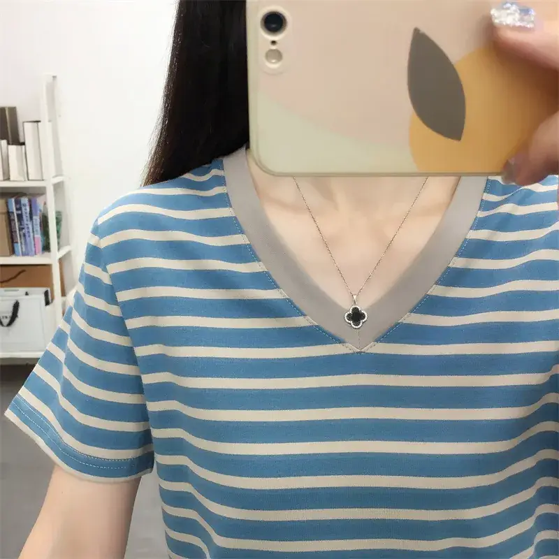 Pure Cotton V-Neck Striped T-Shirt Women Summer 2023 - Image 20