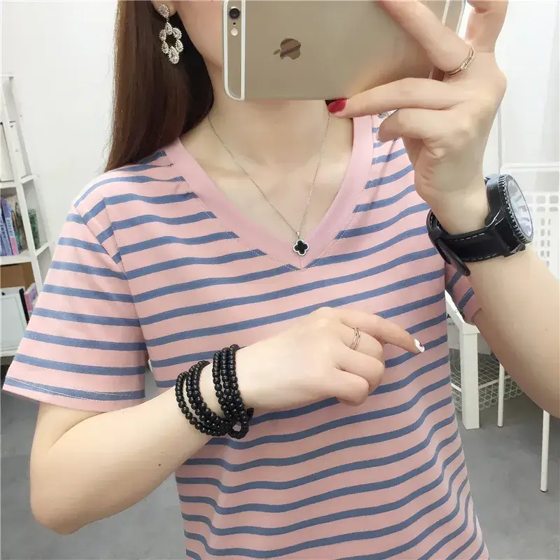 Pure Cotton V-Neck Striped T-Shirt Women Summer 2023 - Image 22
