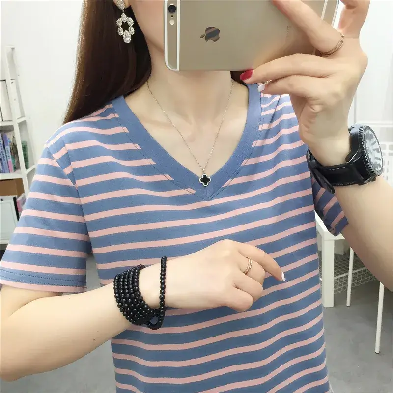Pure Cotton V-Neck Striped T-Shirt Women Summer 2023 - Image 23