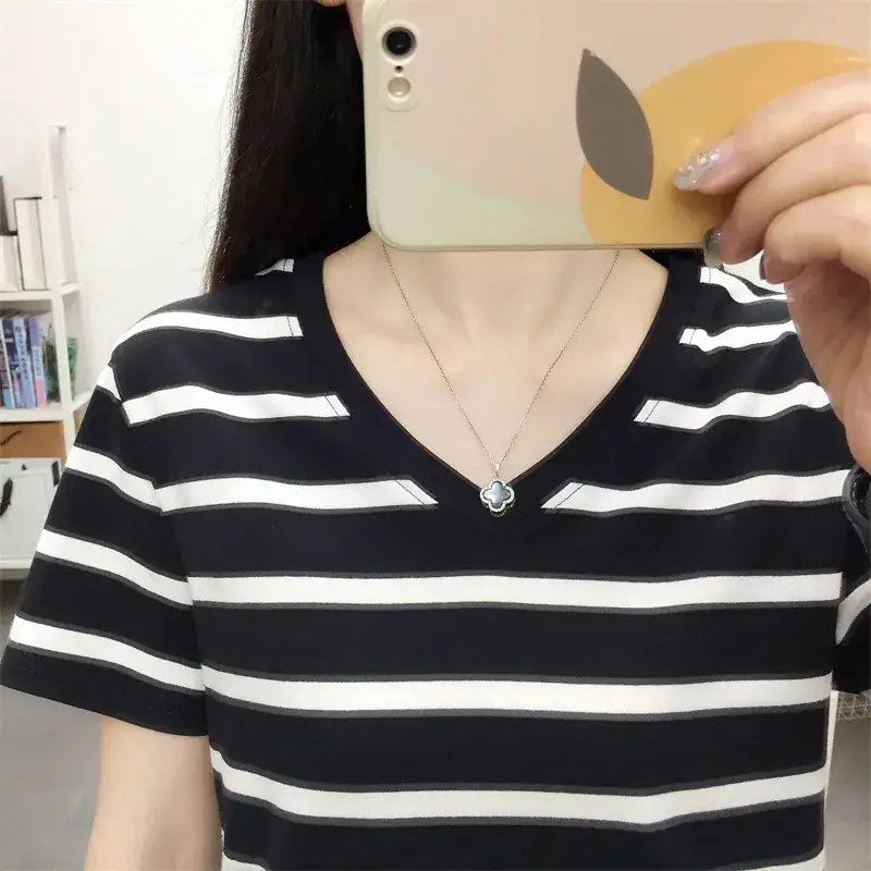 Pure Cotton V-Neck Striped T-Shirt Women Summer 2023 - Image 25