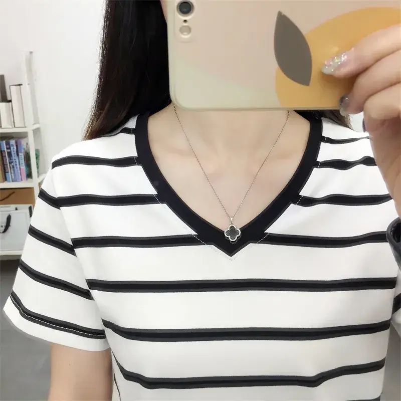 Pure Cotton V-Neck Striped T-Shirt Women Summer 2023 - Image 26