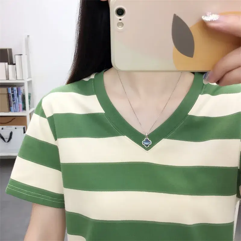 Pure Cotton V-Neck Striped T-Shirt Women Summer 2023 - Image 29