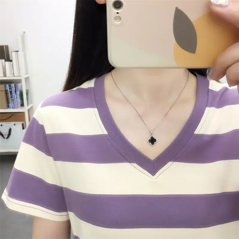 Pure Cotton V-Neck Striped T-Shirt Women Summer 2023 - Image 30