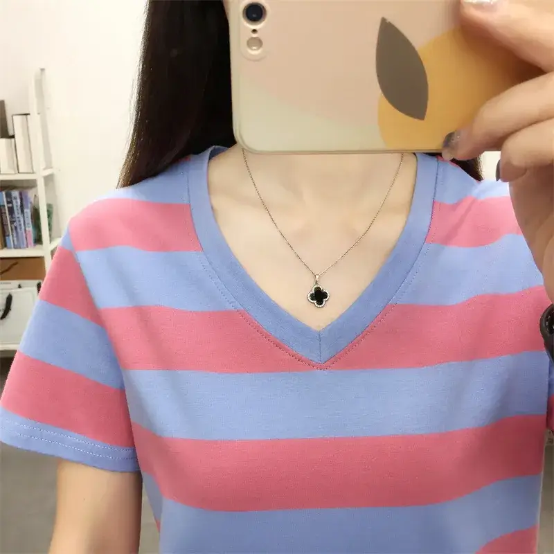 Pure Cotton V-Neck Striped T-Shirt Women Summer 2023 - Image 31