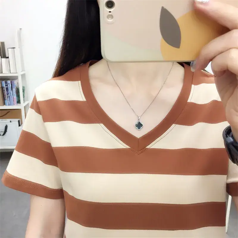 Pure Cotton V-Neck Striped T-Shirt Women Summer 2023 - Image 32