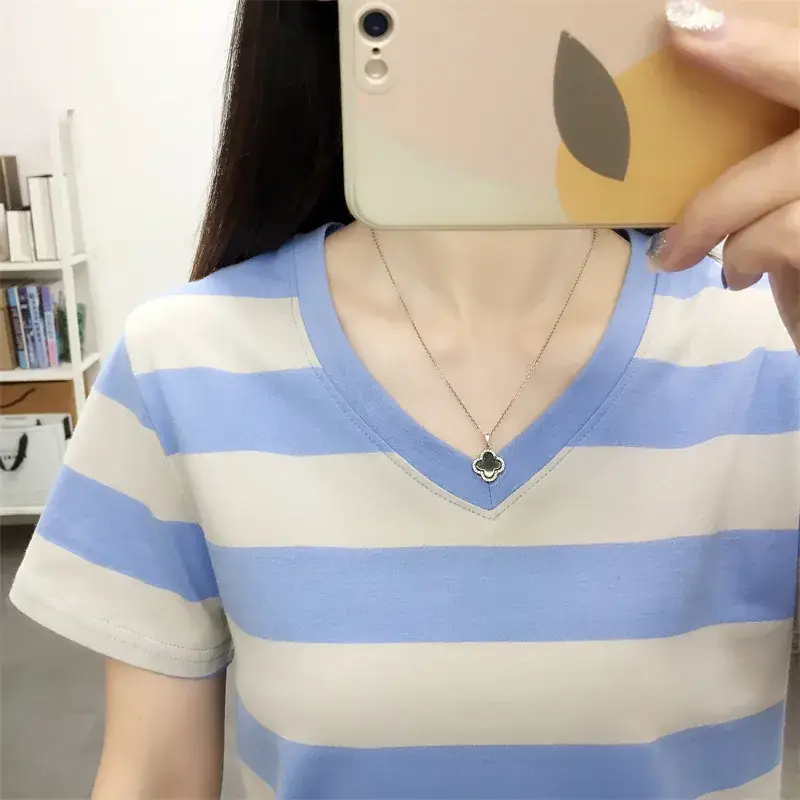 Pure Cotton V-Neck Striped T-Shirt Women Summer 2023 - Image 33