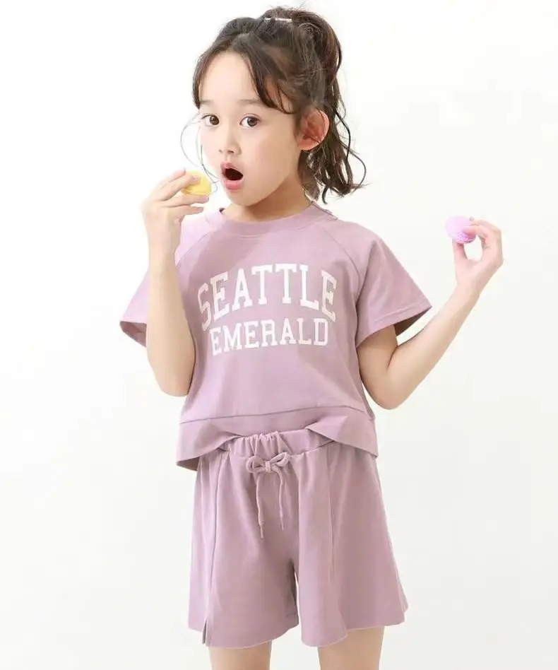 2023 Summer Girl's Grey Seattle Letter T-Shirt Shorts Set - Image 2