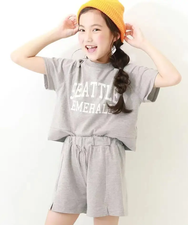2023 Summer Girl's Grey Seattle Letter T-Shirt Shorts Set - Image 3
