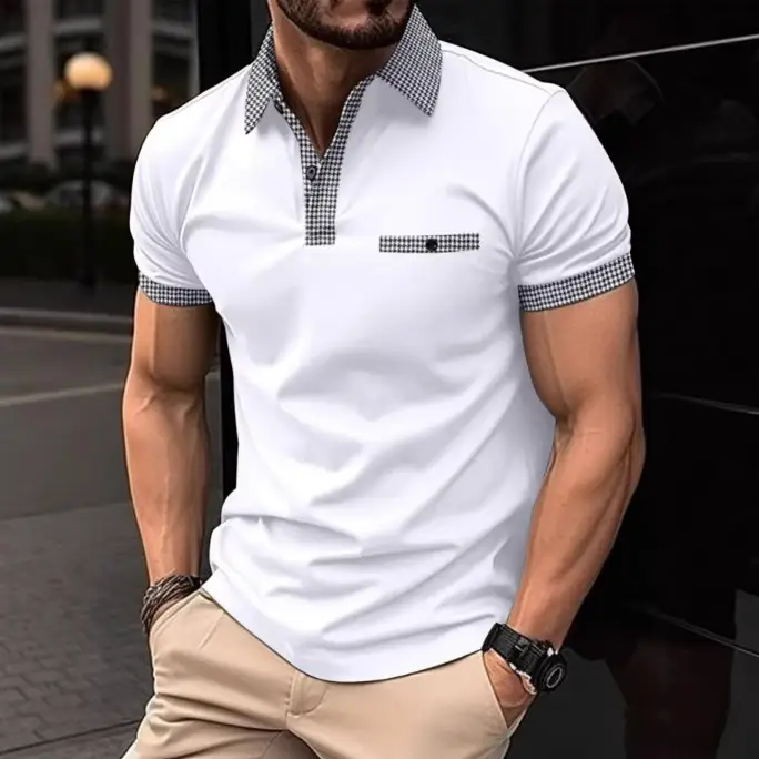 Men's Black Polo Shirt with Plaid Trim No Ironing