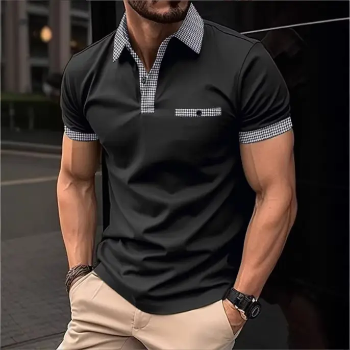 Men's Black Polo Shirt with Plaid Trim No Ironing