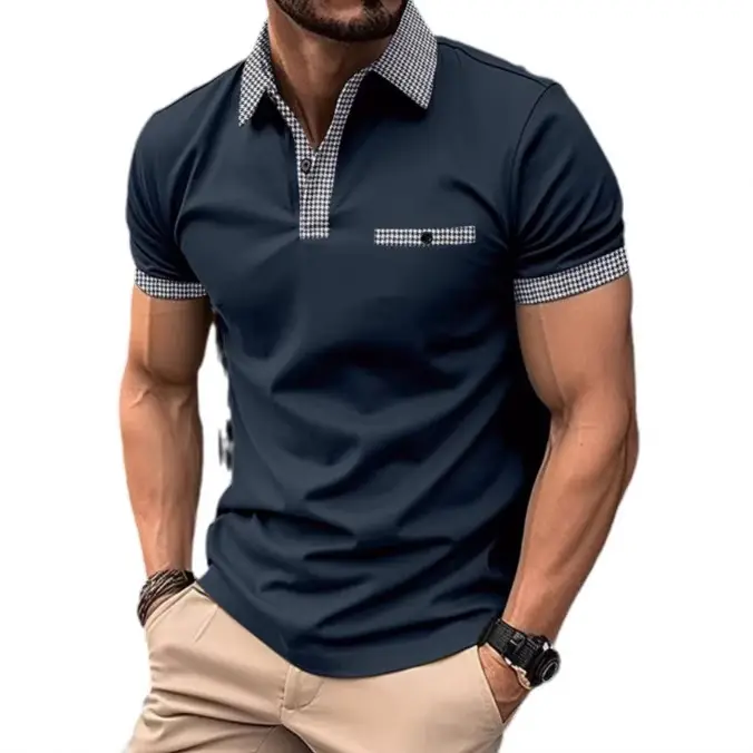 Men's Black Polo Shirt with Plaid Trim No Ironing