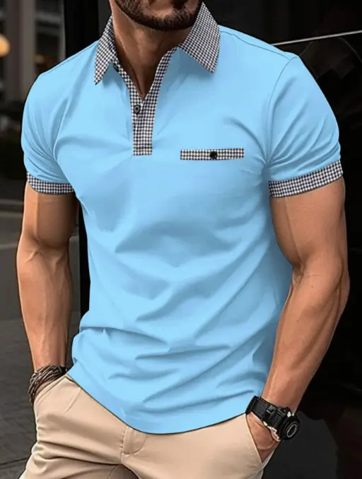 Men's Black Polo Shirt with Plaid Trim No Ironing