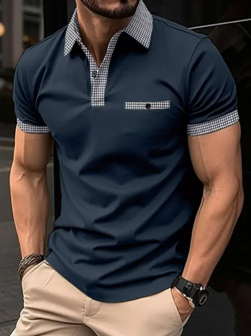 Men's Black Polo Shirt with Plaid Trim No Ironing