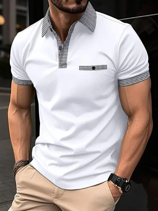 Men's Black Polo Shirt with Plaid Trim No Ironing