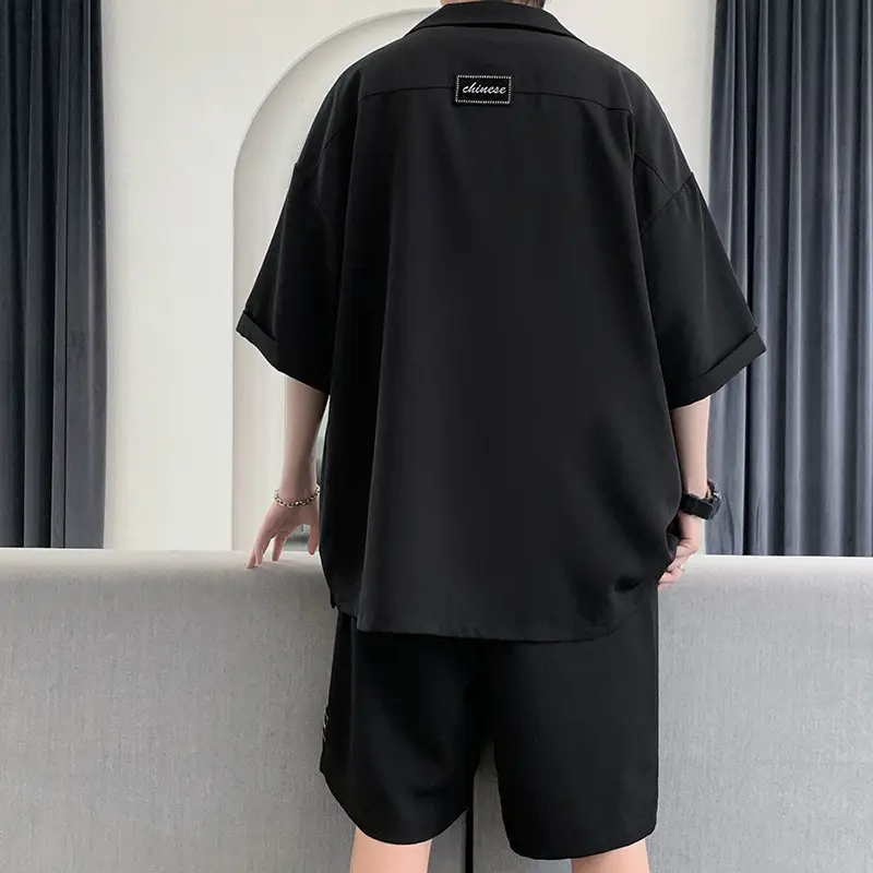 Men Black Short Sleeve Suit Shirt Shorts Set