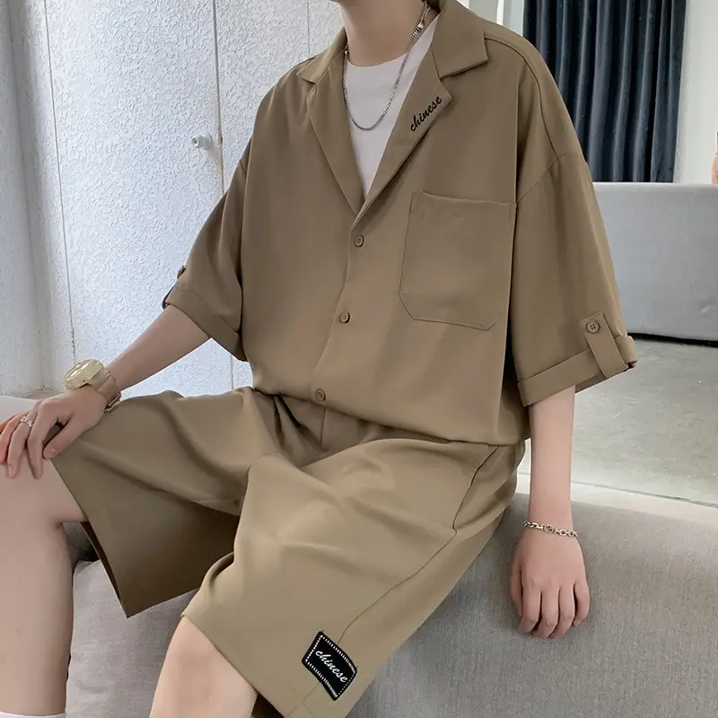 Men Black Short Sleeve Suit Shirt Shorts Set