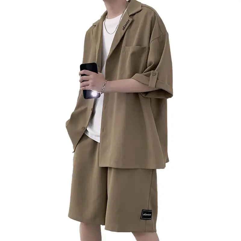 Men Black Short Sleeve Suit Shirt Shorts Set