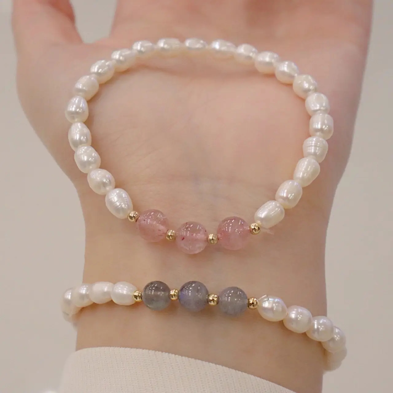 Natural Freshwater Pearl Bracelet with Strawberry & Moonlight Stones - Image 7