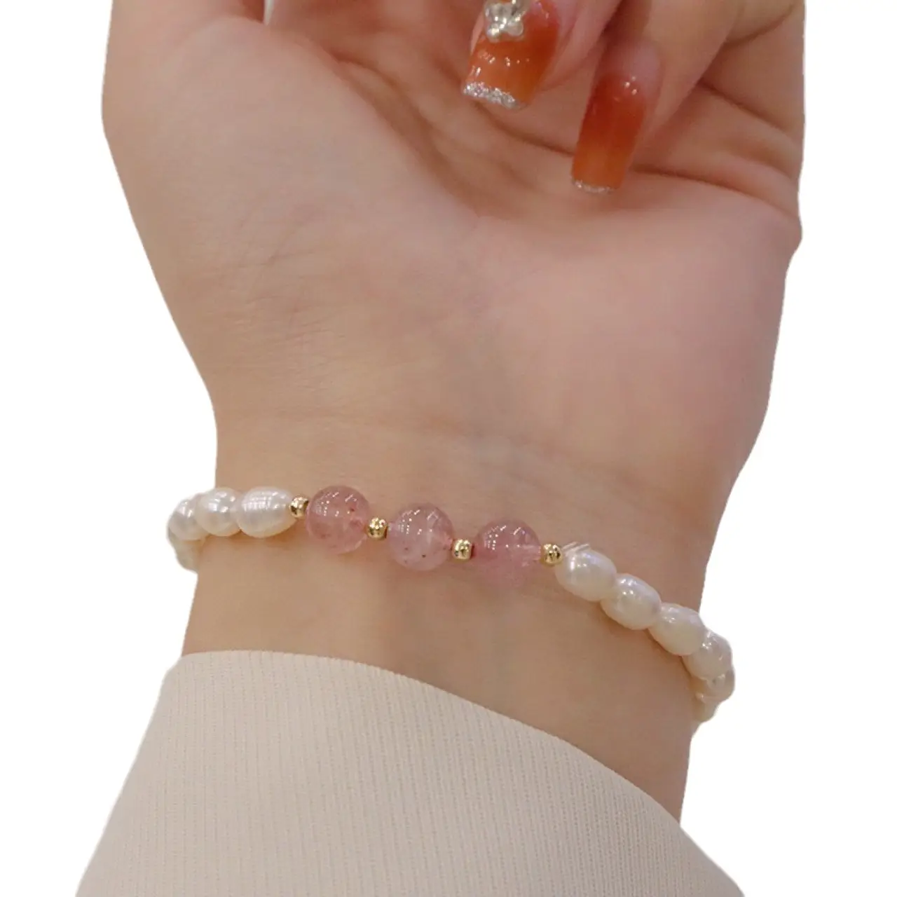 Natural Freshwater Pearl Bracelet with Strawberry & Moonlight Stones - Image 10
