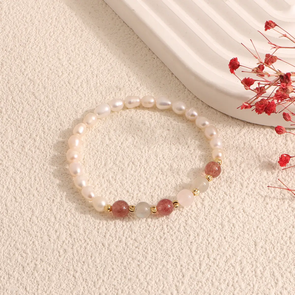 Natural Freshwater Pearl Bracelet with Strawberry & Moonlight Stones — feature 6