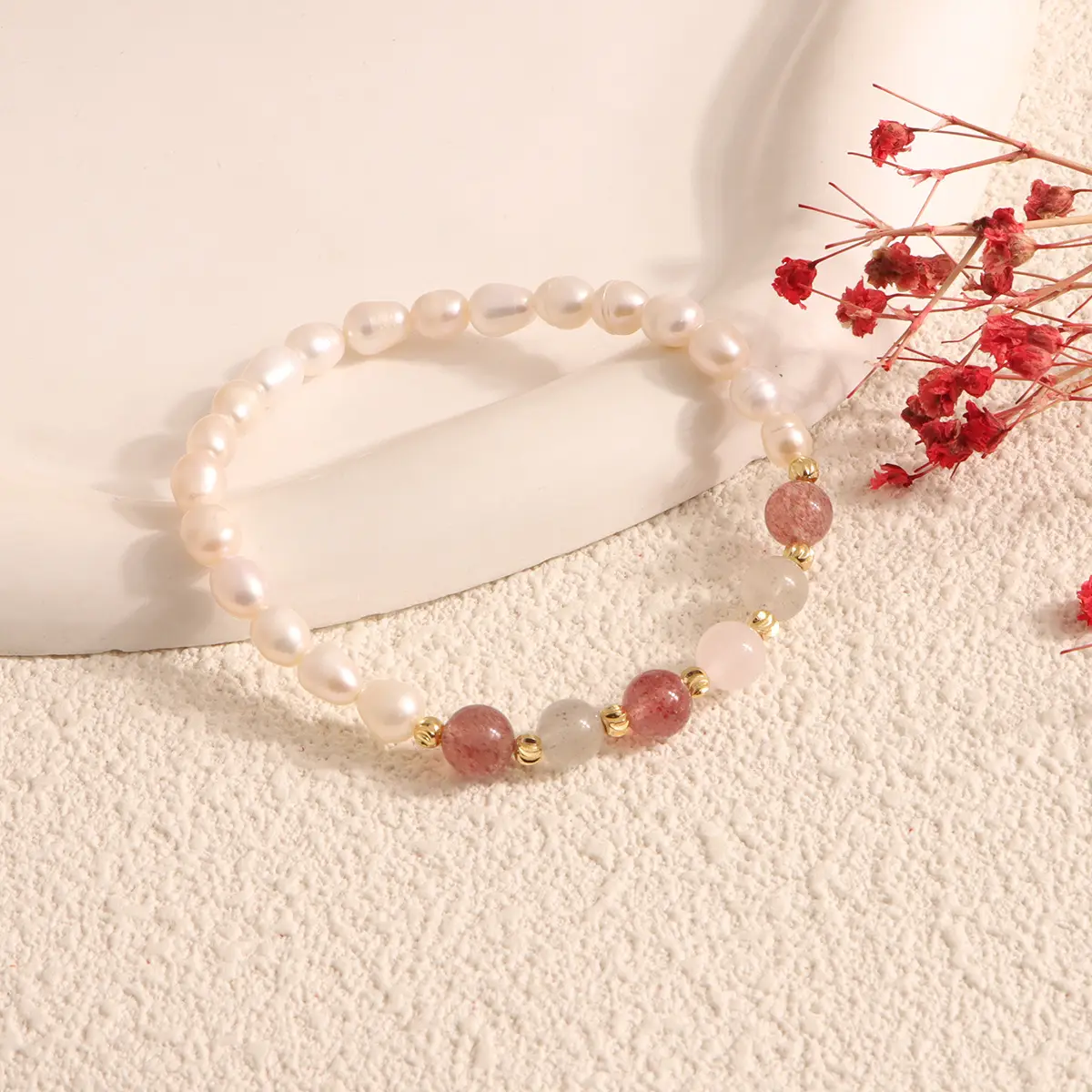 Natural Freshwater Pearl Bracelet with Strawberry & Moonlight Stones — feature 7