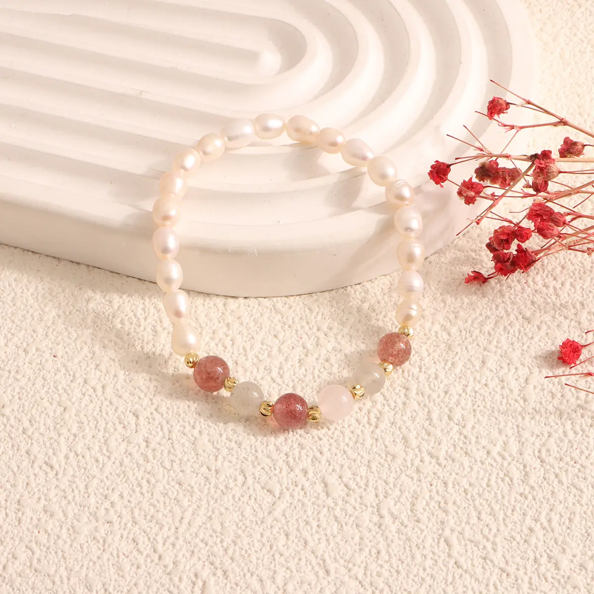 Natural Freshwater Pearl Bracelet with Strawberry & Moonlight Stones - Image 3