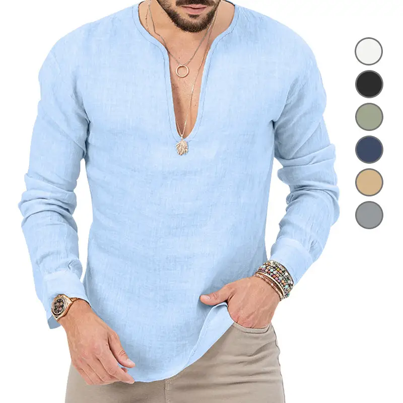 Men's Light Blue Henkel Hemp Long Sleeve T-Shirt Deep V-Neck - Image 8