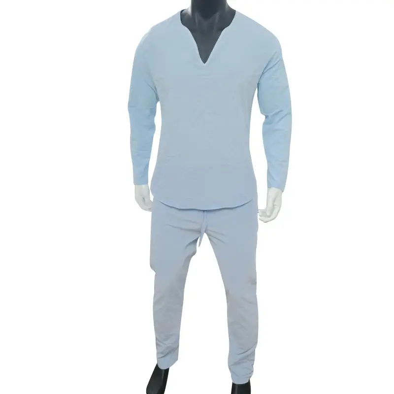 Men's Light Blue Henkel Hemp Long Sleeve T-Shirt Deep V-Neck — feature 19