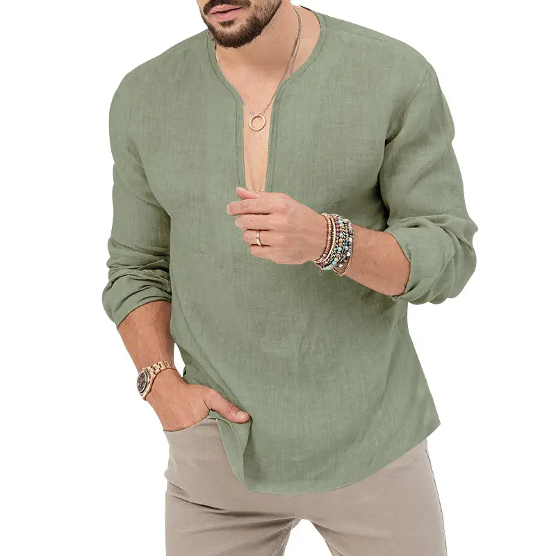Men's Light Blue Henkel Hemp Long Sleeve T-Shirt Deep V-Neck — feature 28