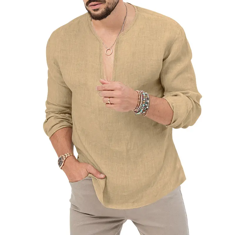Men's Light Blue Henkel Hemp Long Sleeve T-Shirt Deep V-Neck — feature 35