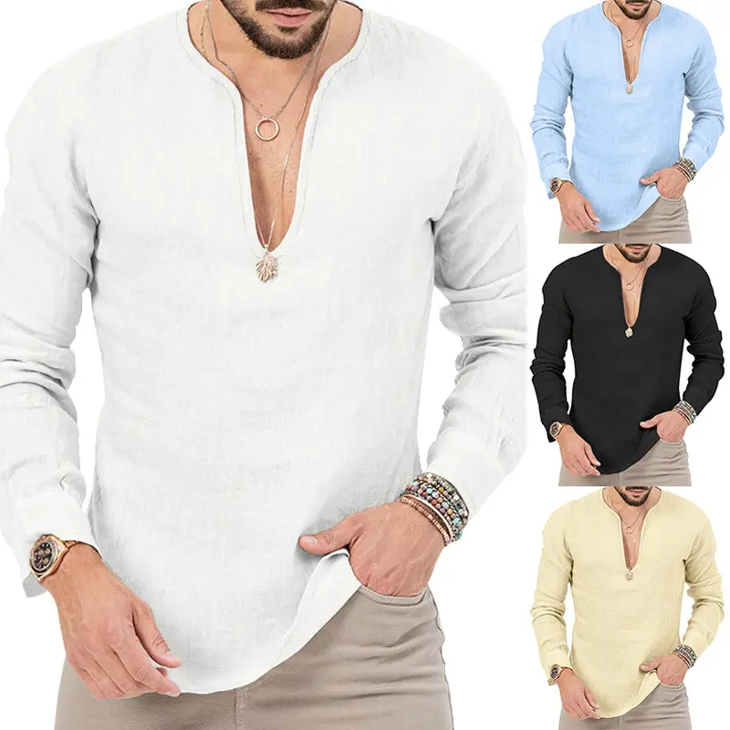 Men's Light Blue Henkel Hemp Long Sleeve T-Shirt Deep V-Neck — feature 7