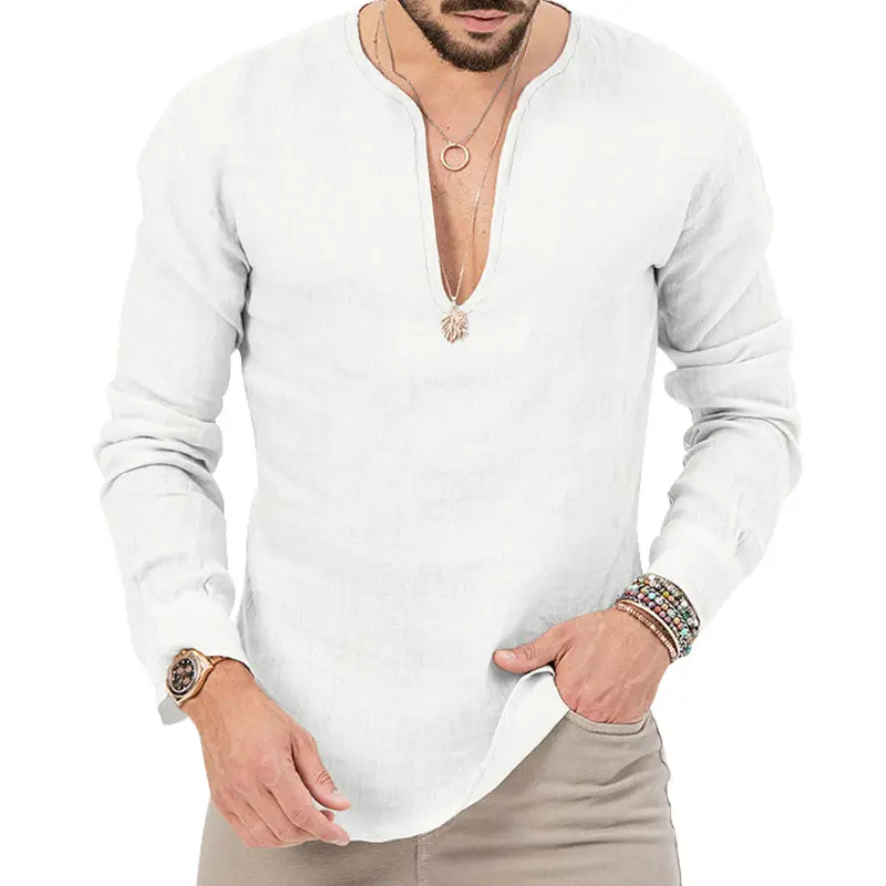 Men's Light Blue Henkel Hemp Long Sleeve T-Shirt Deep V-Neck — feature 8