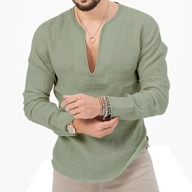 Men's Light Blue Henkel Hemp Long Sleeve T-Shirt Deep V-Neck - Image 7