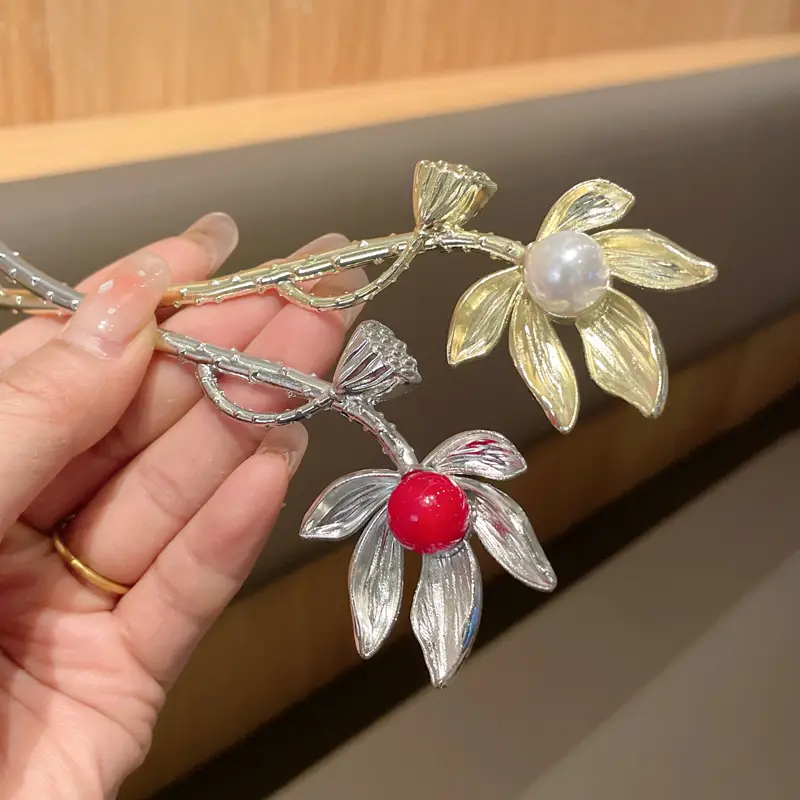 Lotus Hairpin with Red Crystal Accent - Image 4