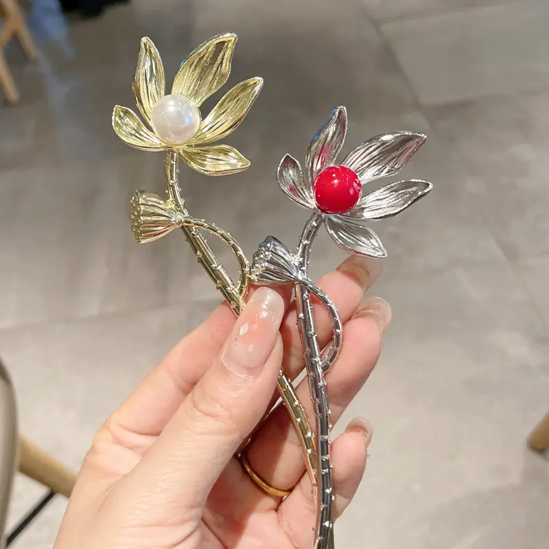 Lotus Hairpin with Red Crystal Accent - Image 5