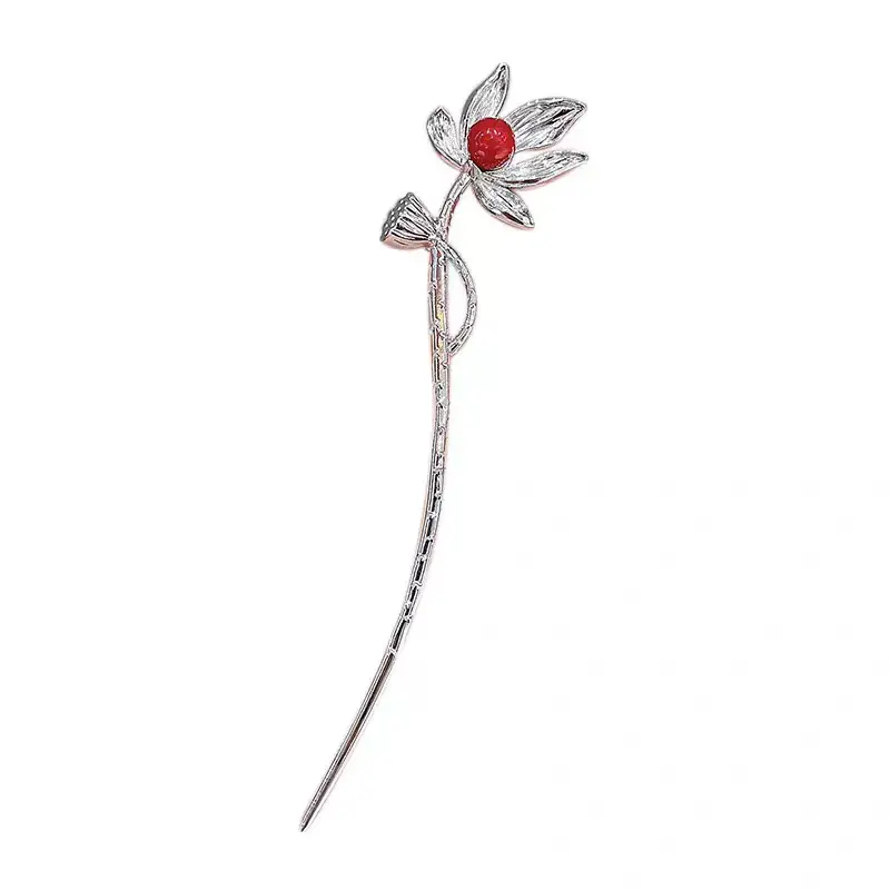 Lotus Hairpin with Red Crystal Accent - Image 6