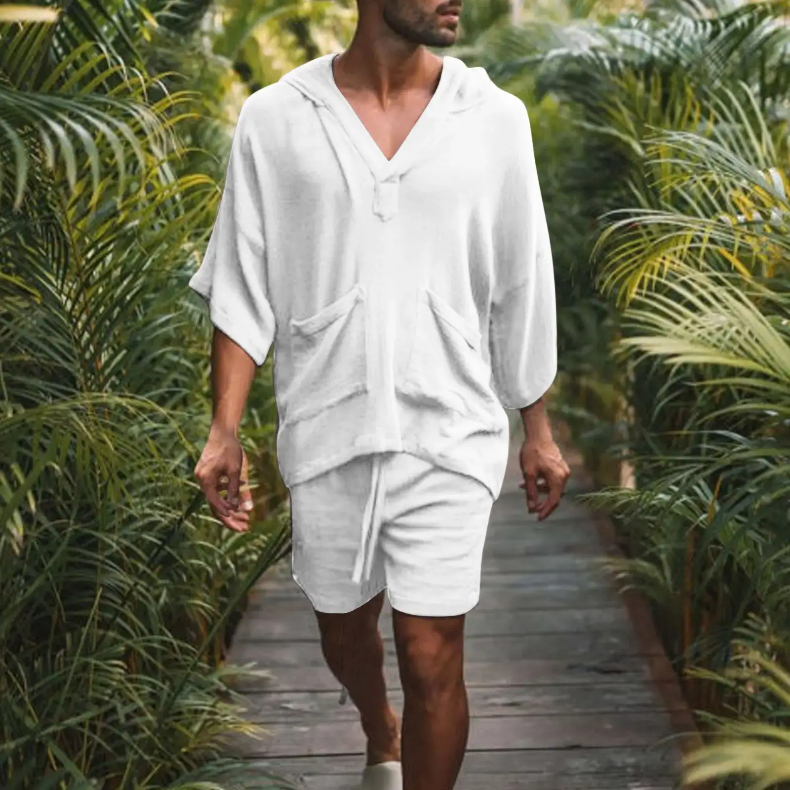 Men's 2023 Cotton Linen Loose Suit Maroon Shorts Set - Image 3