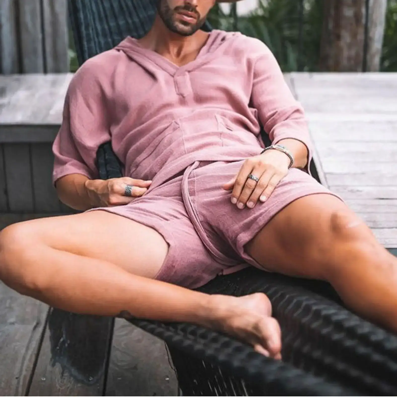 Men's 2023 Cotton Linen Loose Suit Maroon Shorts Set - Image 2