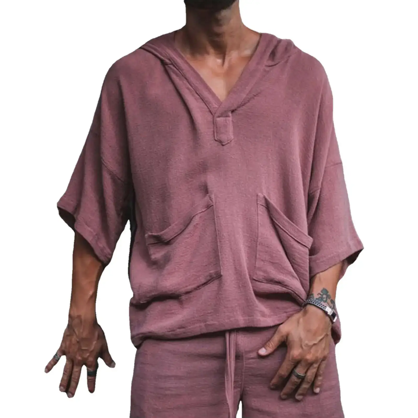 Men's 2023 Cotton Linen Loose Suit Maroon Shorts Set - Image 8