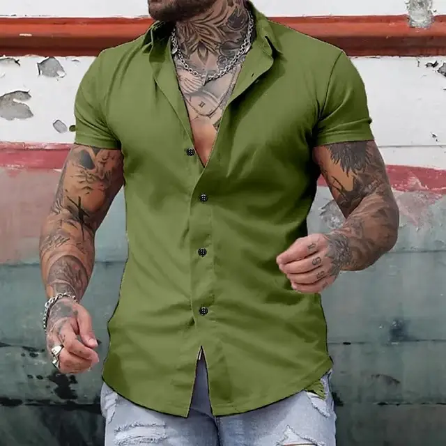 Men's Green Short Sleeve Casual Shirt Solid Color - Image 7