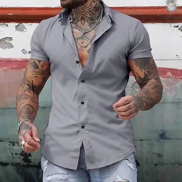 Men's Green Short Sleeve Casual Shirt Solid Color - Image 2