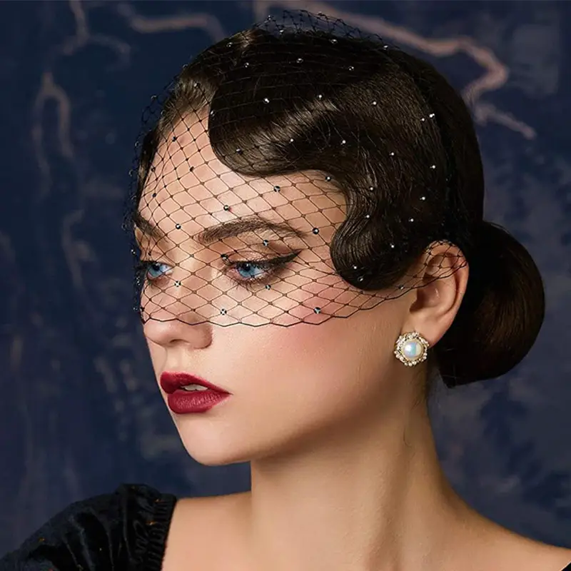 Bridal Veil with Diamonds & Pearls Headband Black White - Image 7