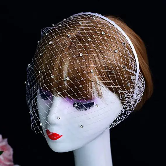 Bridal Veil with Diamonds & Pearls Headband Black White - Image 8