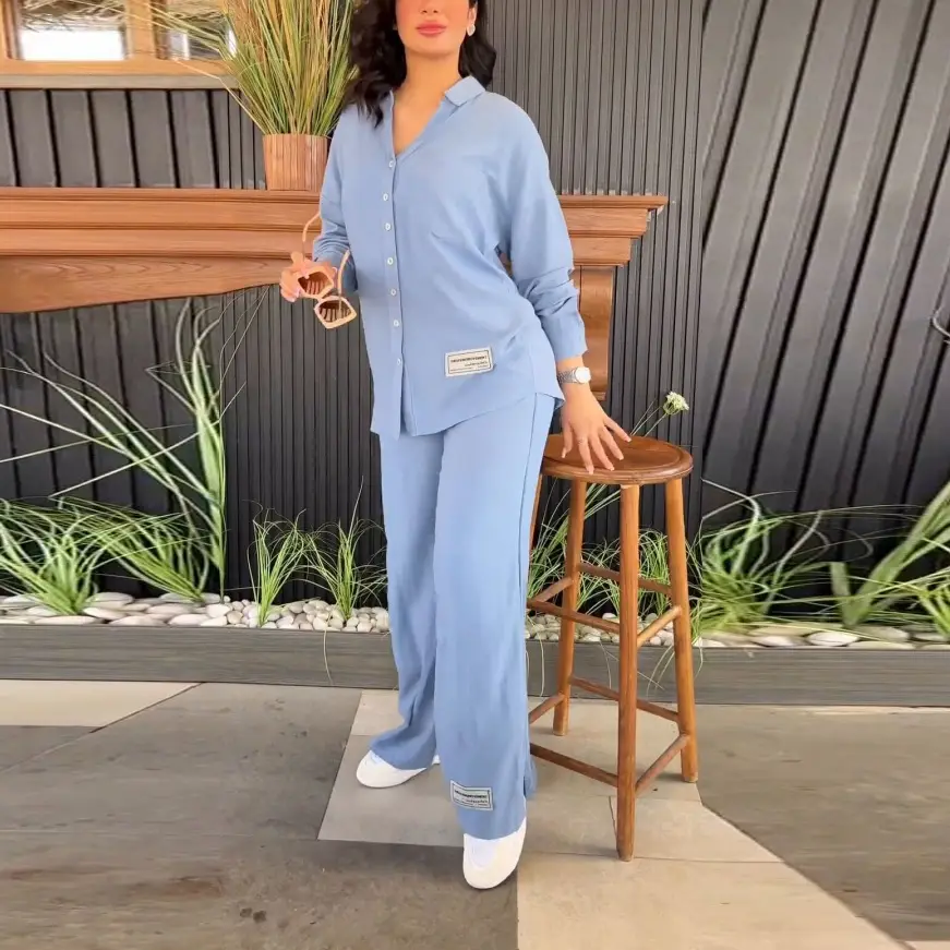 European American Plus Size Blue Wrinkle Long Sleeve Pants Set - Image 4