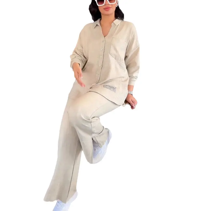 European American Plus Size Blue Wrinkle Long Sleeve Pants Set - Image 6
