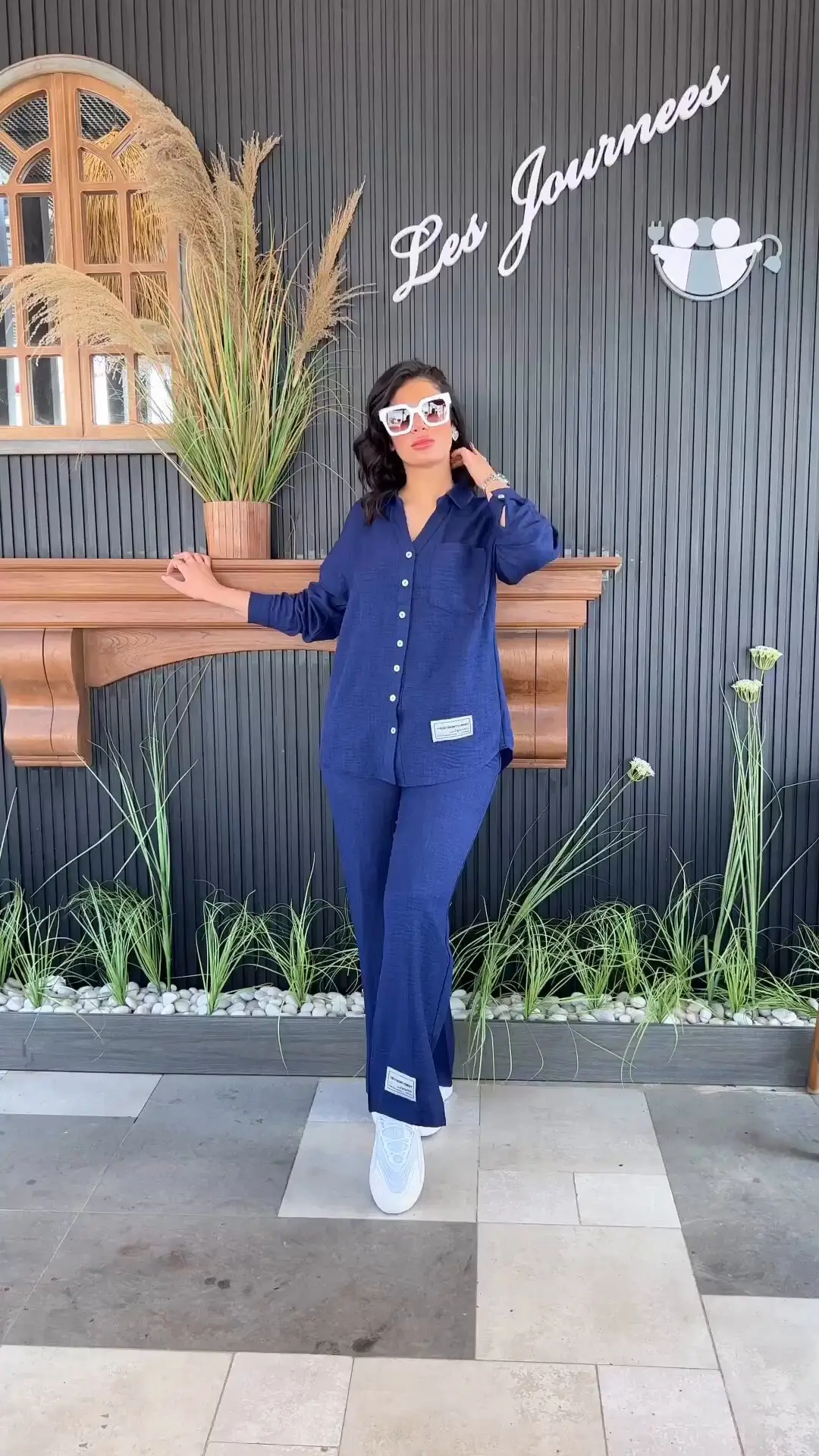 European American Plus Size Blue Wrinkle Long Sleeve Pants Set — feature 1