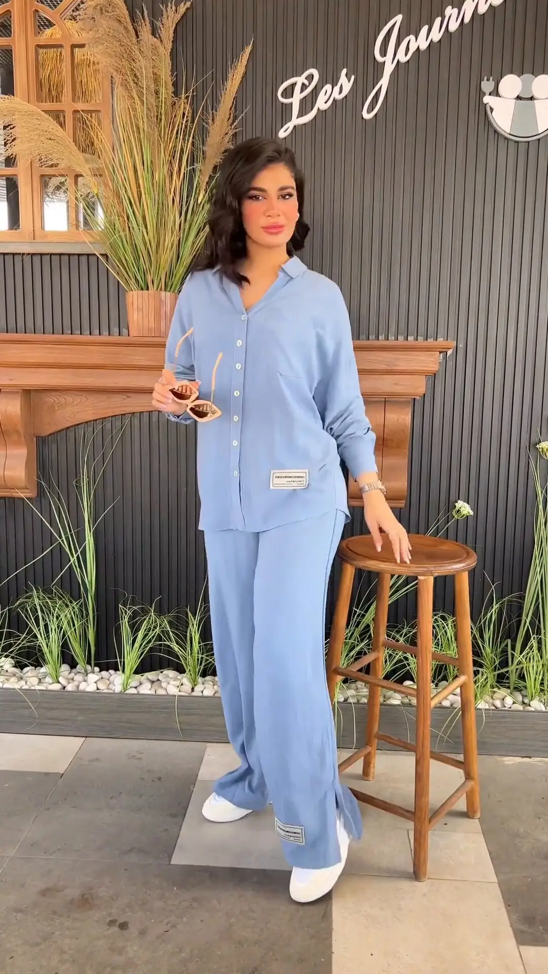 European American Plus Size Blue Wrinkle Long Sleeve Pants Set — feature 3