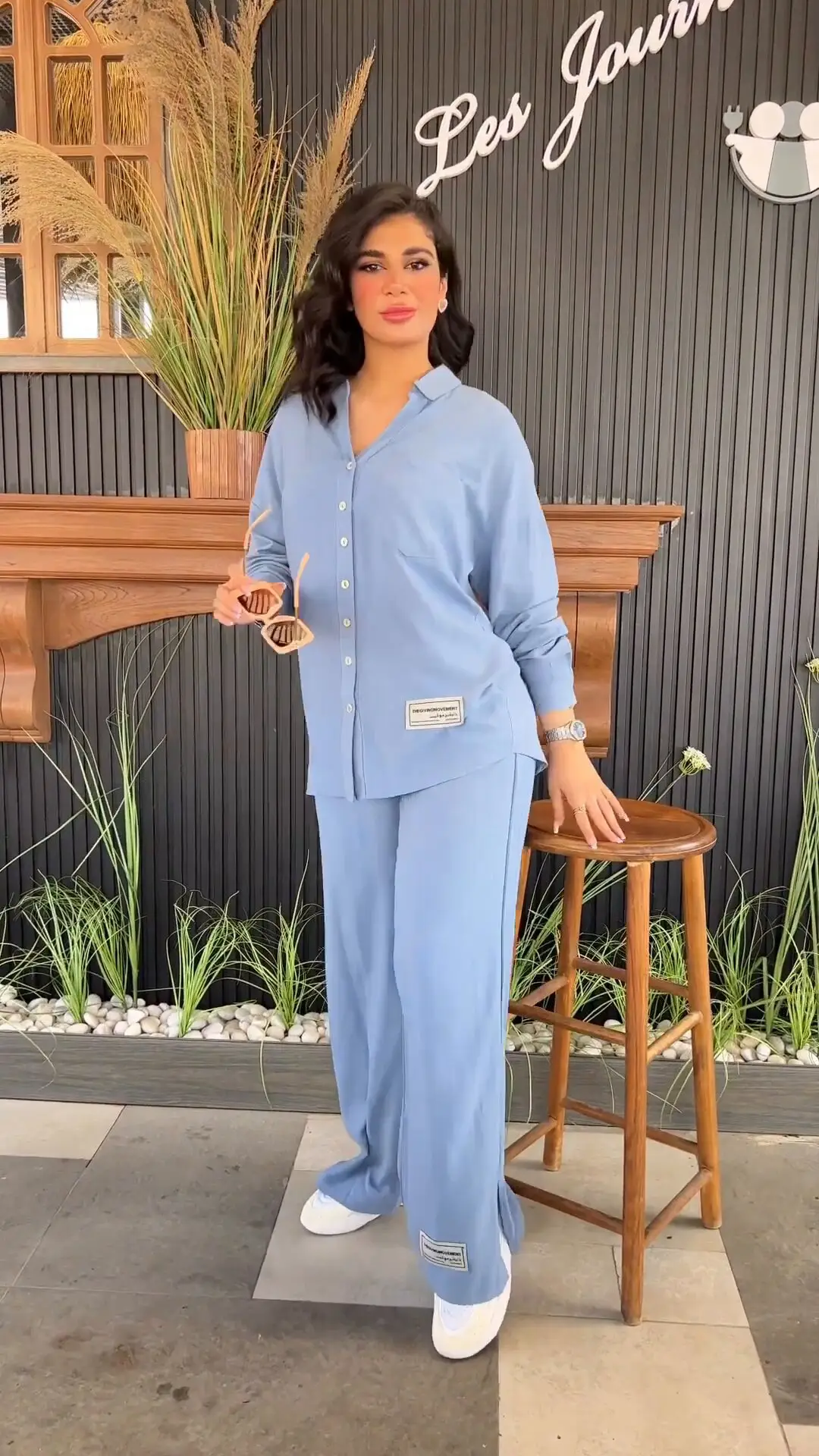 European American Plus Size Blue Wrinkle Long Sleeve Pants Set — feature 4