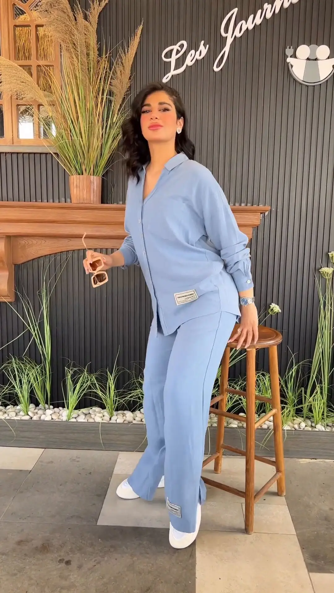 European American Plus Size Blue Wrinkle Long Sleeve Pants Set — feature 5